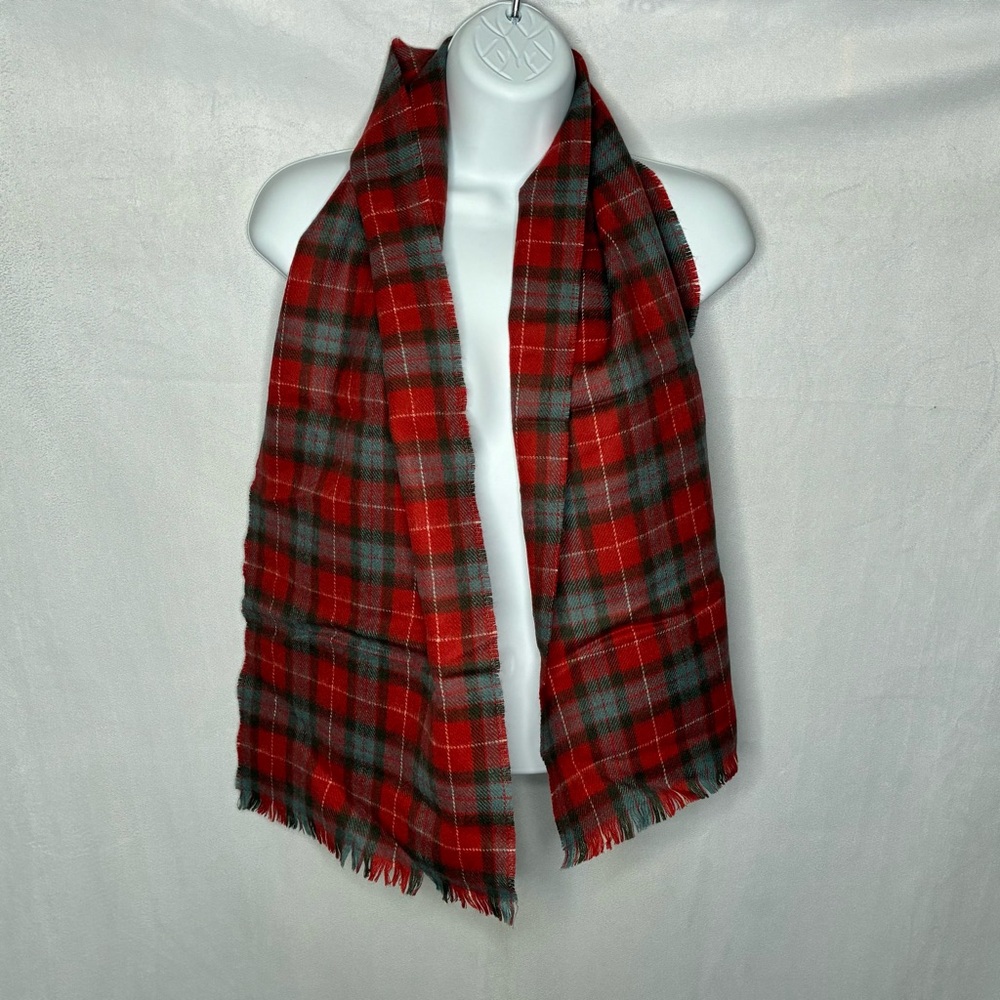 Vintage Scottish Wool Red and Green Plaid Fringe Scarf